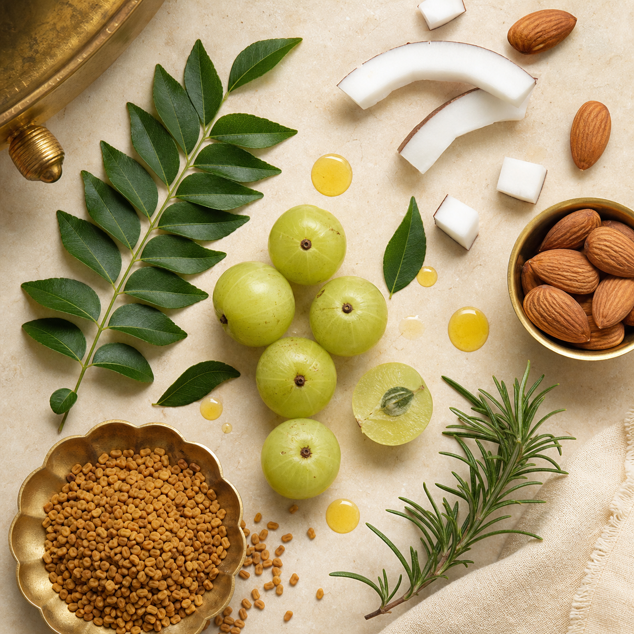 Amla, curry leaves, fenugreek, rosemary, coconut, almond, and oil