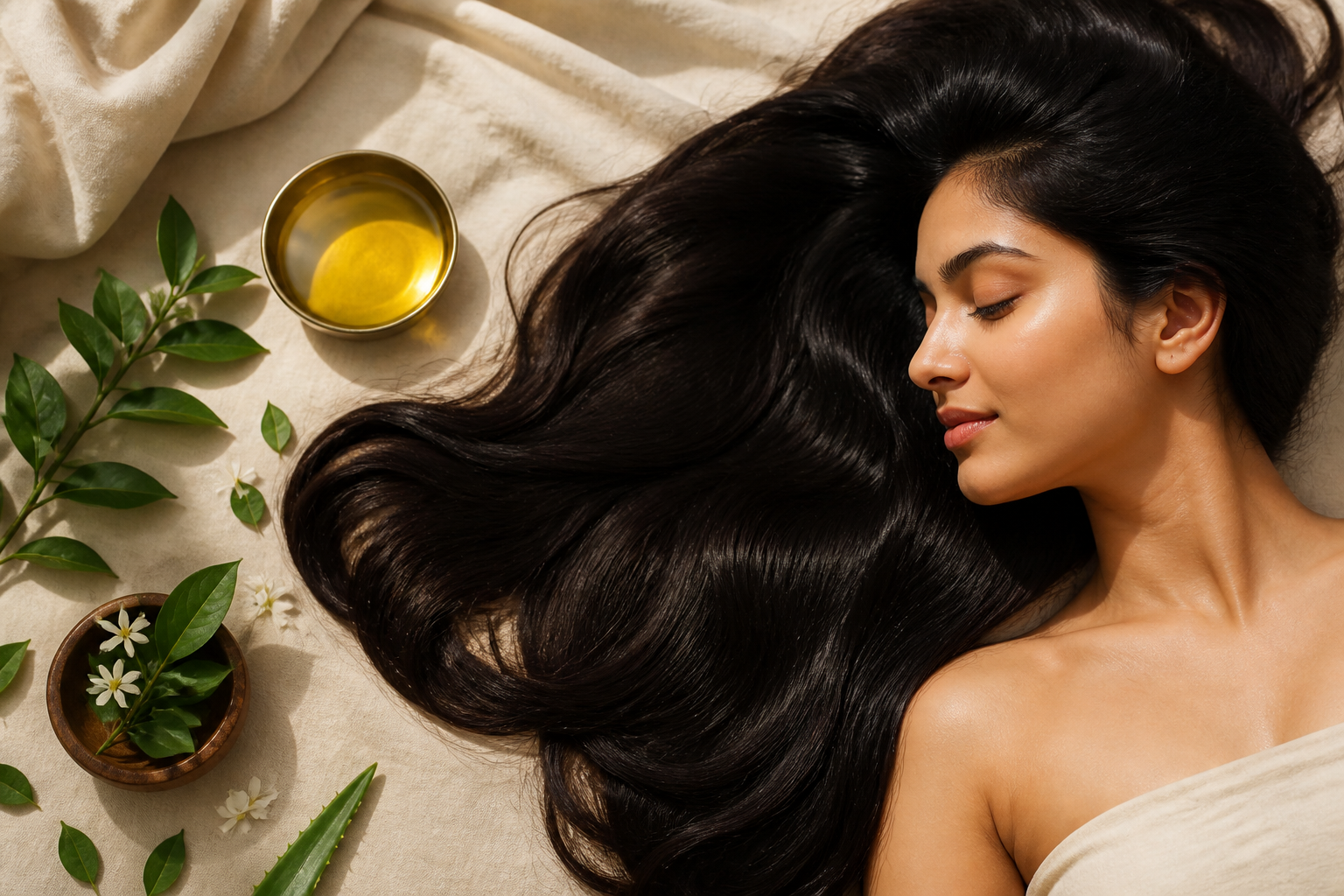 Long luminous hair styled with an Ayurvedic oil ritual
